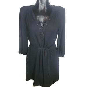 Luxology Black Long Sleeve Lace Up Neckline Dress With Matching Belt 6